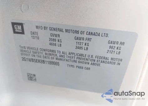 2011 Chevrolet Impala Lt z USA, uszkodzony, nr VIN 2G1WB5EK8B1188665